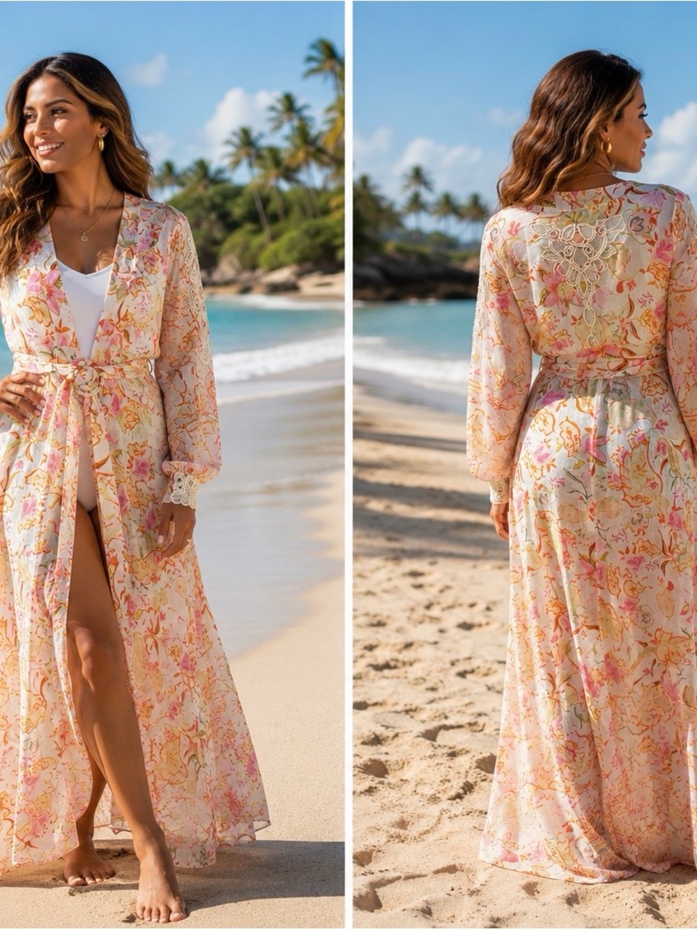 TAJ by Sabrina Crippa Floral Lace-Back Long Swim Coverup in Cream, Pink & Peach